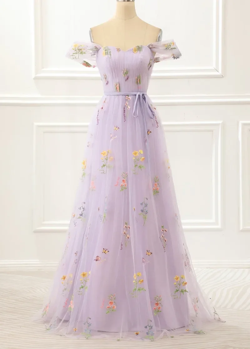 Elegant Boat Neck Tulle Evening Long Dress 2024 Summer Sweet Embroidery Prom Gowns Vintage Flower Vestidos Noche Party Dresses image