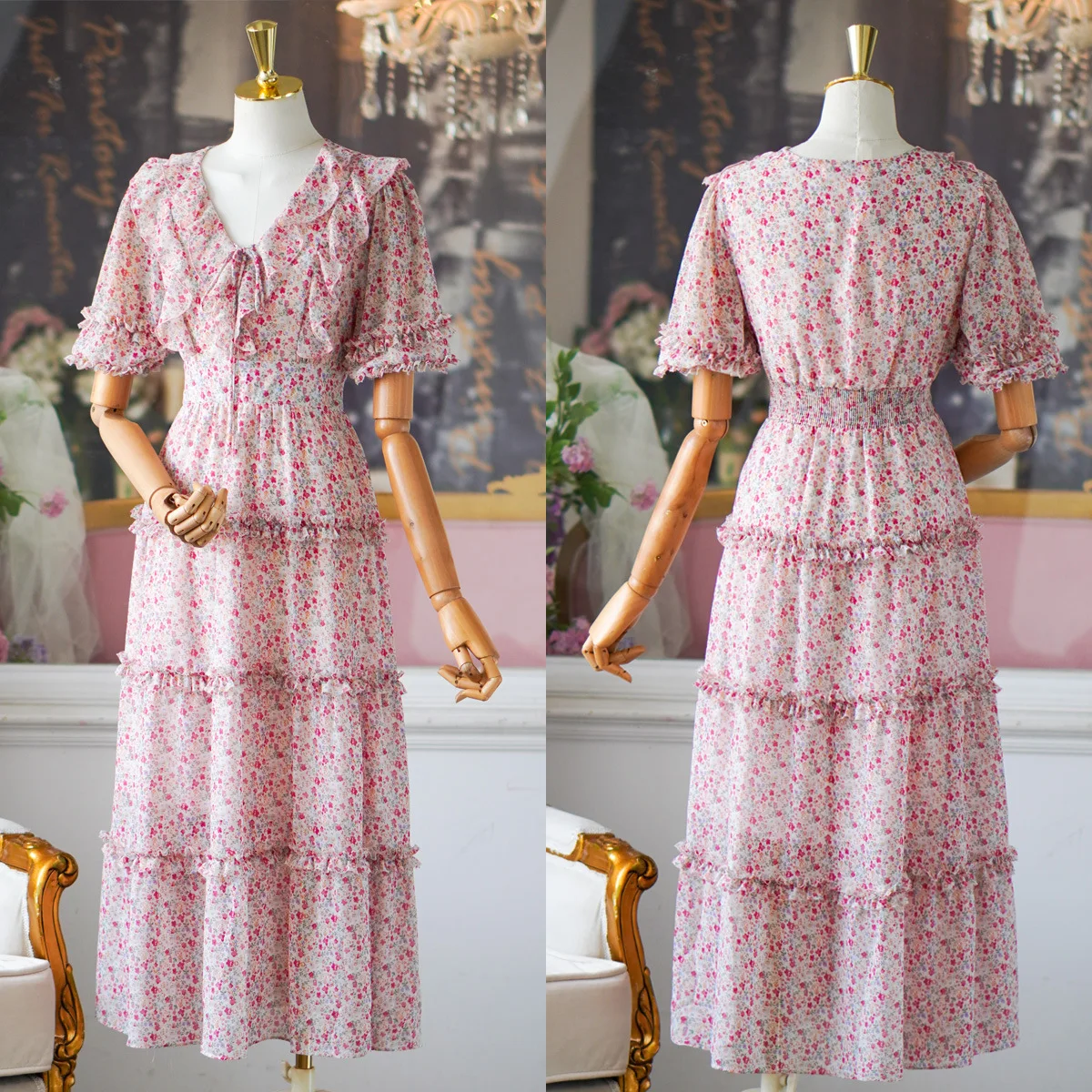 

Summer Elegant Fairy Chiffon Deep V Neck High Waist Tie Ruffles Floral Layered Tiered Puff Sleeve Long Maxi Beach Dress Gown