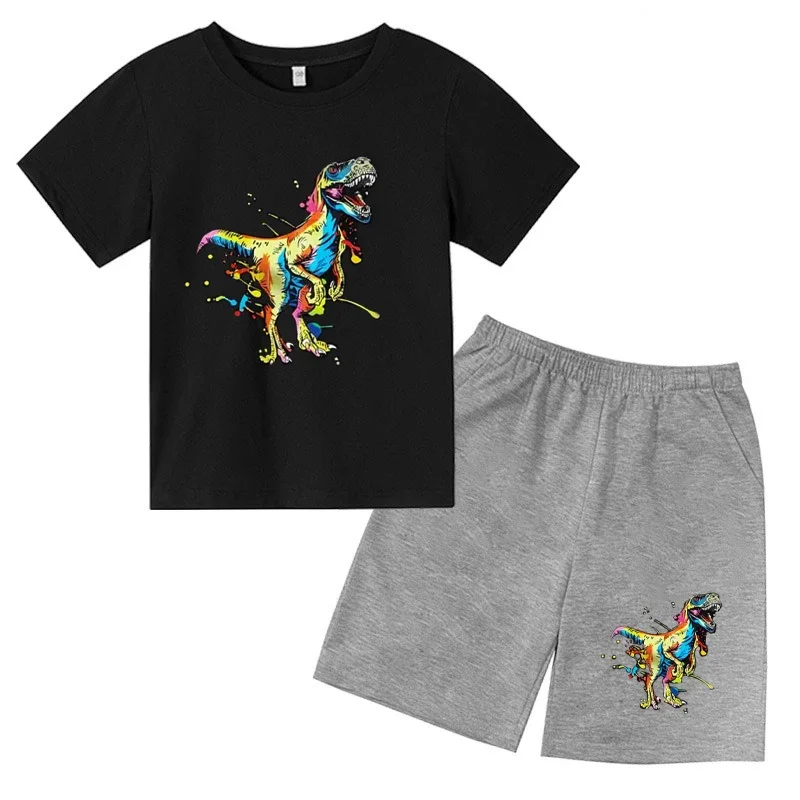 thumbnail image 1 of 2024 Nuevo traje de camiseta con estampado de grafiti para niños, diseño de dinosaurio, camiseta estampada + pantalones cortos, 2 piezas, conjunto de moda para niños y niñas, 1 of 5