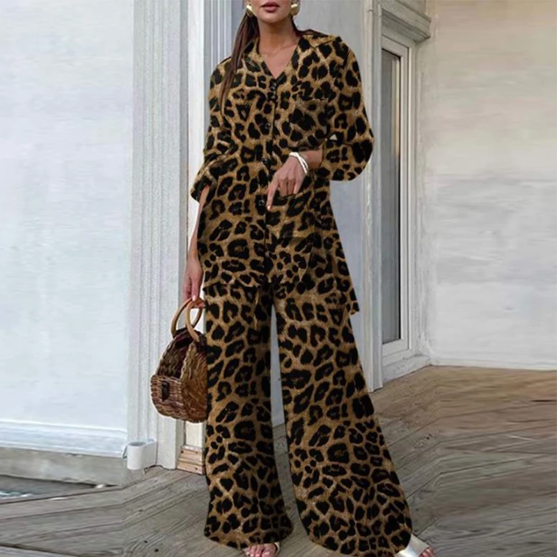 

Fashion Leopard Print Long Sleeve Set Women Casual Shirt Street Loose Outfits Autumn Spring High Waist Wide Leg Pant Commute Set