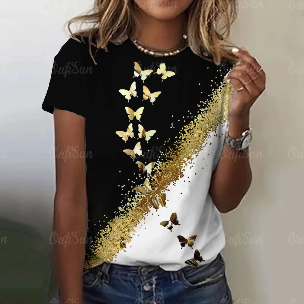 Sommer Frauen T-Shirt 3d Schmetterling drucken O-Ausschnitt lässig Damen Gradient T-Shirt weibliche Top Harajuku Mädchen Kurzarm Mode Kleidung — изображение 4