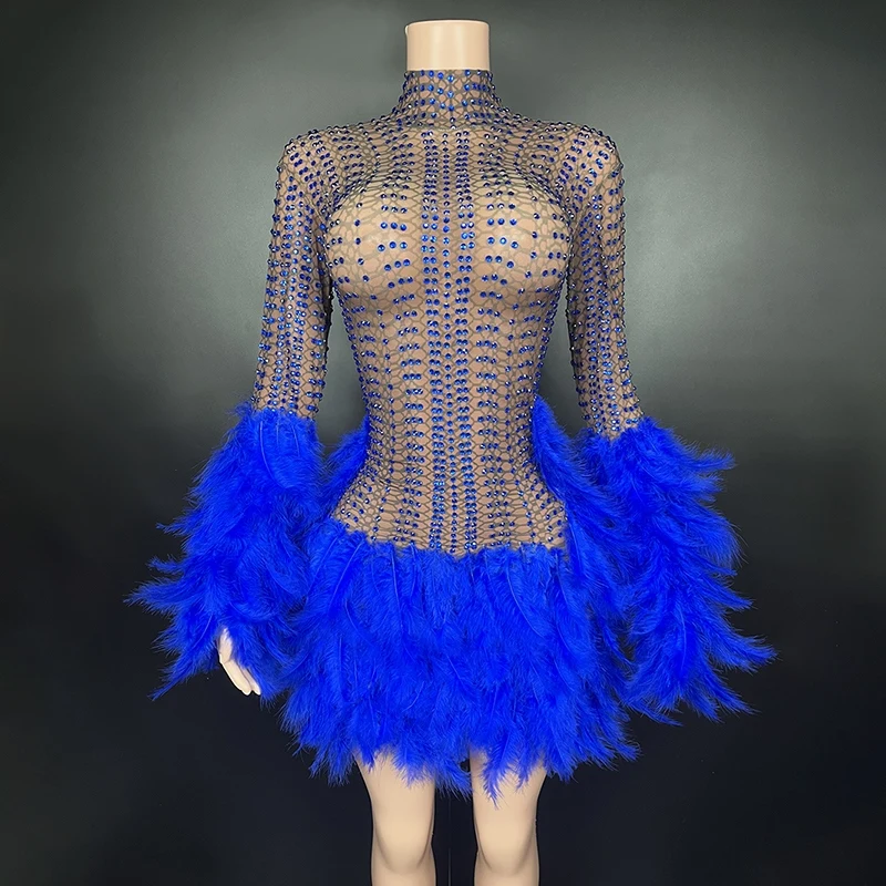 

Blue Red Diamond Feather Sleeves Dress Women Evening Prom Dresses Stage Performance Outfit Birthday Celebrate Costume XS7414