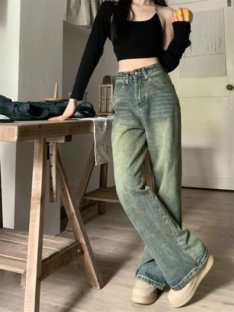 QWEEK Y2k 여성용 헐렁한 와이드 레그 청바지, 빈티지 스트리트웨어, 워싱 데님 바지, 그런지 베이직 슬루시 블루 바지, 팜므 용수철 신제품