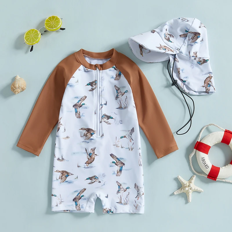 Toddler Boys Rash Guard Swimsuit with Hat 2 Pcs Set Bird Pattern Contrast Color Zip Up Long Sleeve Crew Neck Baby Boys Swimwears