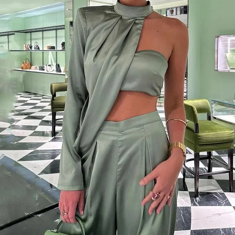 2024 Fashion Commuter Women's Elegance Hang Neck Oblique Shoulder Wipe Breast Sexy Crop Wide Leg Pants Pantsuit Two-piece Set