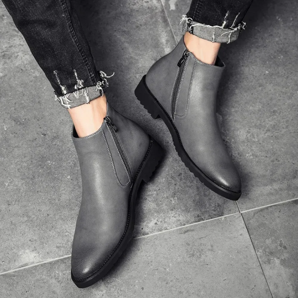 Spring Fashion Leather Men's Boots Convenient Zip Pointed Toe Business Dress Boots Shoes for Men Ankle
