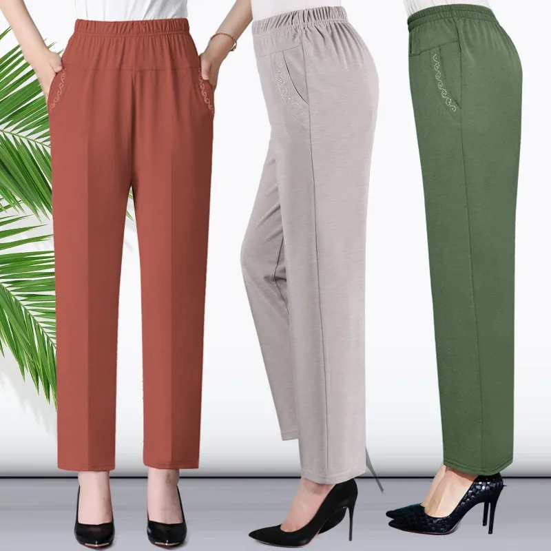 

Middle-aged Women Spring Summer Pant Thin Elastic Waist Straight Pants Mother Clothing Casual Nine Points Pants Female X117