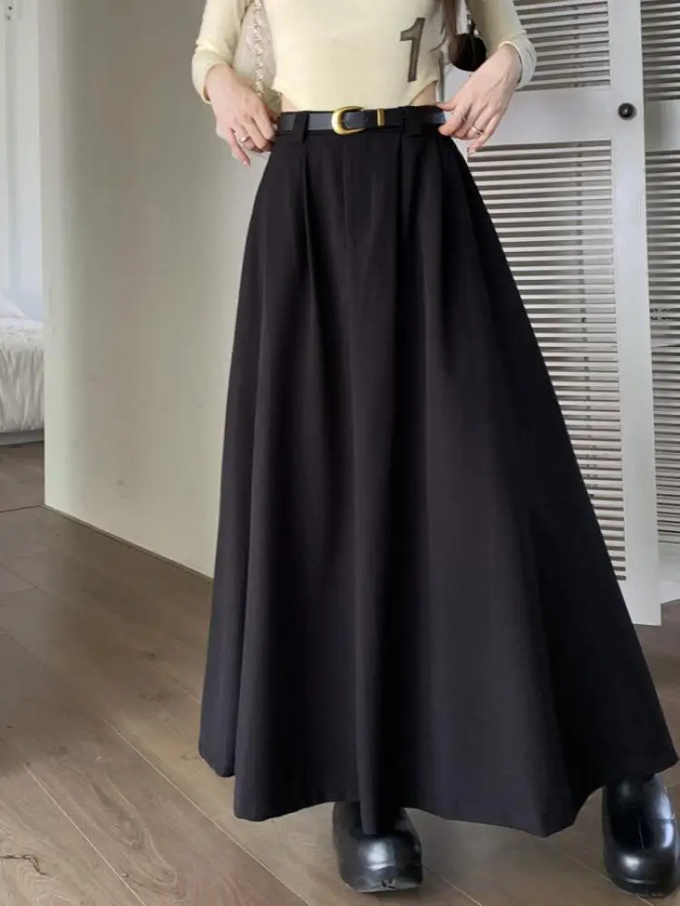 Autumn Black Pockets Long Skirt Women With Belt 2023 Fashion