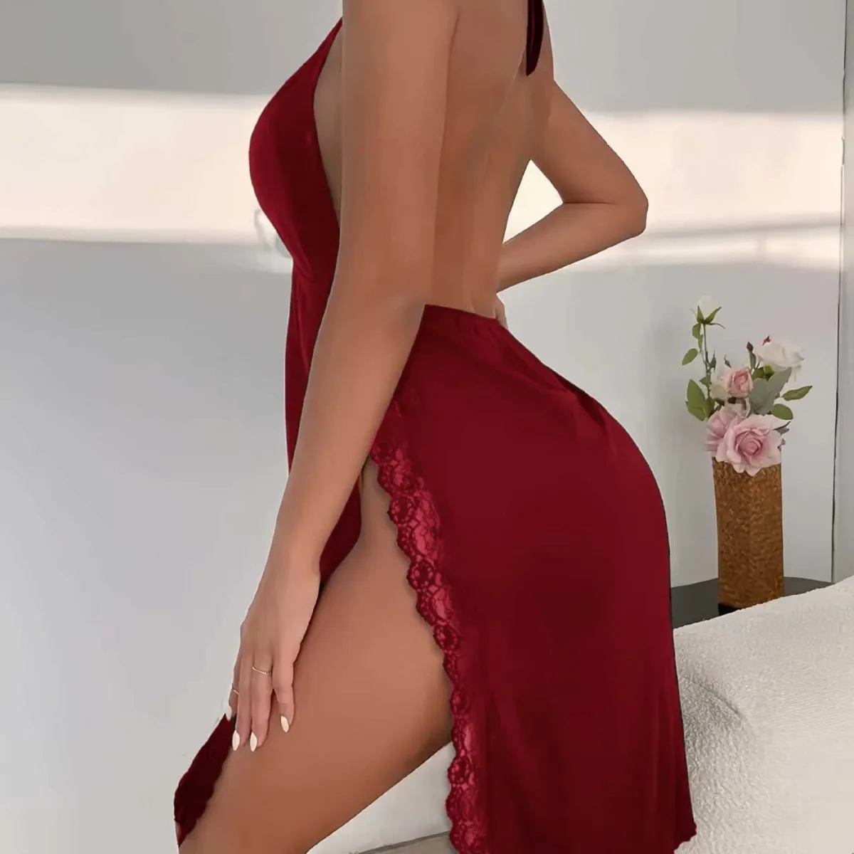 Womens Sexy Lingerie Halter Backless High Slit Nightgown Deep V Neck Lace Trim Satin Babydoll Erotic Sleepwear Chemise Dress New