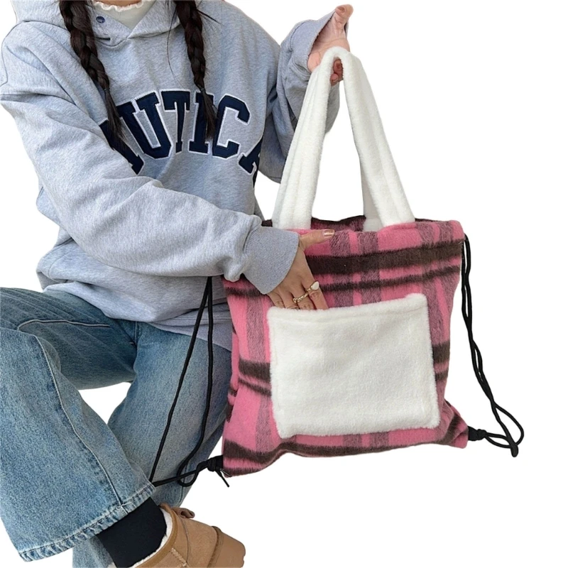 Women Shoulder Bag Large Capacity Drawstring Backpack Female Top Handle Handbag Student School Bag for Autumn Winter