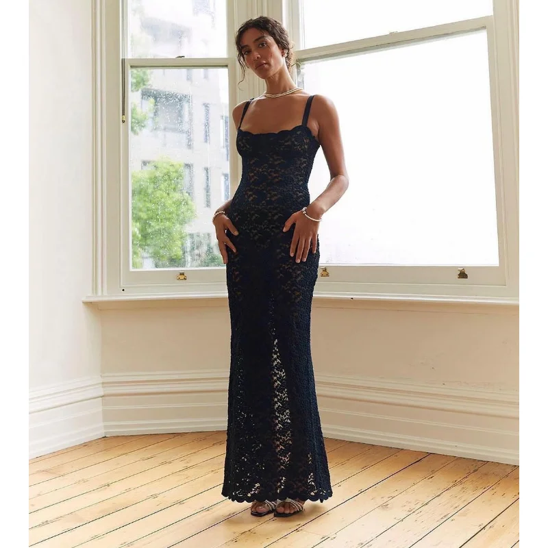 Lace Black Dress Female Slim Hollow Out Spaghetti Backless Dress Elegant Party Evening Gown Split Women Maxi Dress Summer