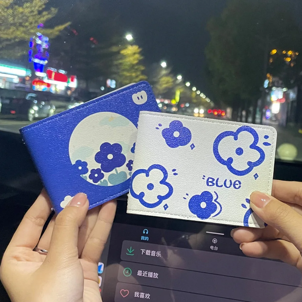 Driver License Leather Cover Car Driving Permit Protective Case Business Id Card Holder Blue Flower Multi Card Position Wallet