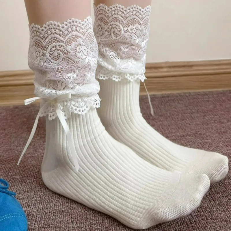 Lolita Women Harajuku Retro Lace Patchwork Mid Tube Calf Socks JK Frilly Ruffle Cotton Princess Girls Soft Wedding White Socks