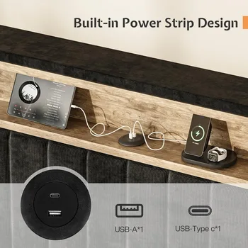 Jocisland King Size Bed Frame with LED Lights and Charging Station, Velvet Upholstered Platform Bed with 53 5