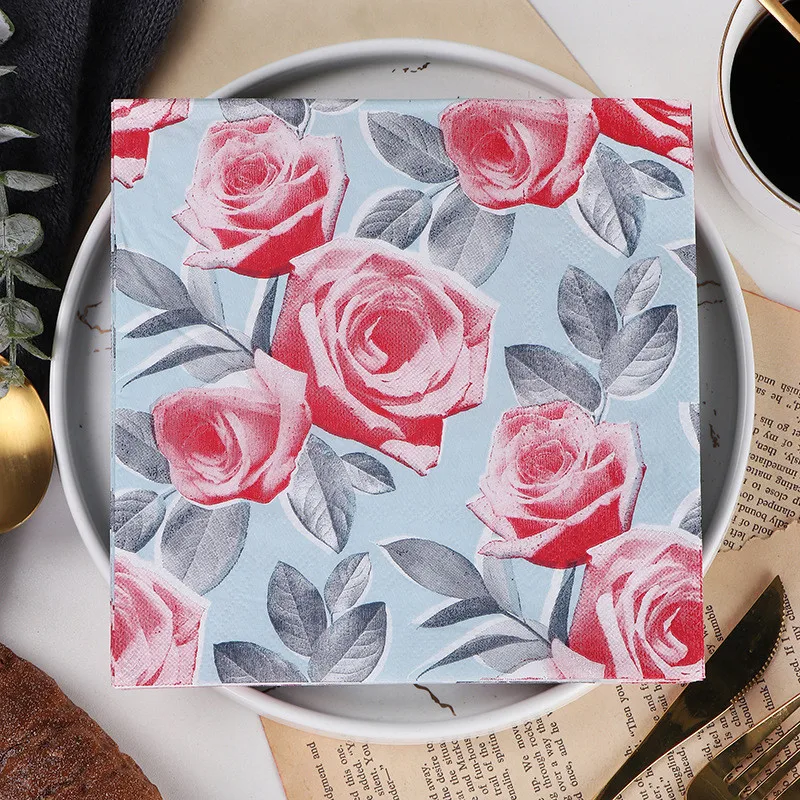 Lover Heart Rose Printed Paper Disposable Wedding Handkerchief Tableware Napkin Tissues 20Pcs/pack Party Decoration