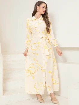 Elegant Long Shirt-Sleeve Dress with Chain Print Design, Belt & Pocket - Sophisticated Collared Neck, Button Details 1