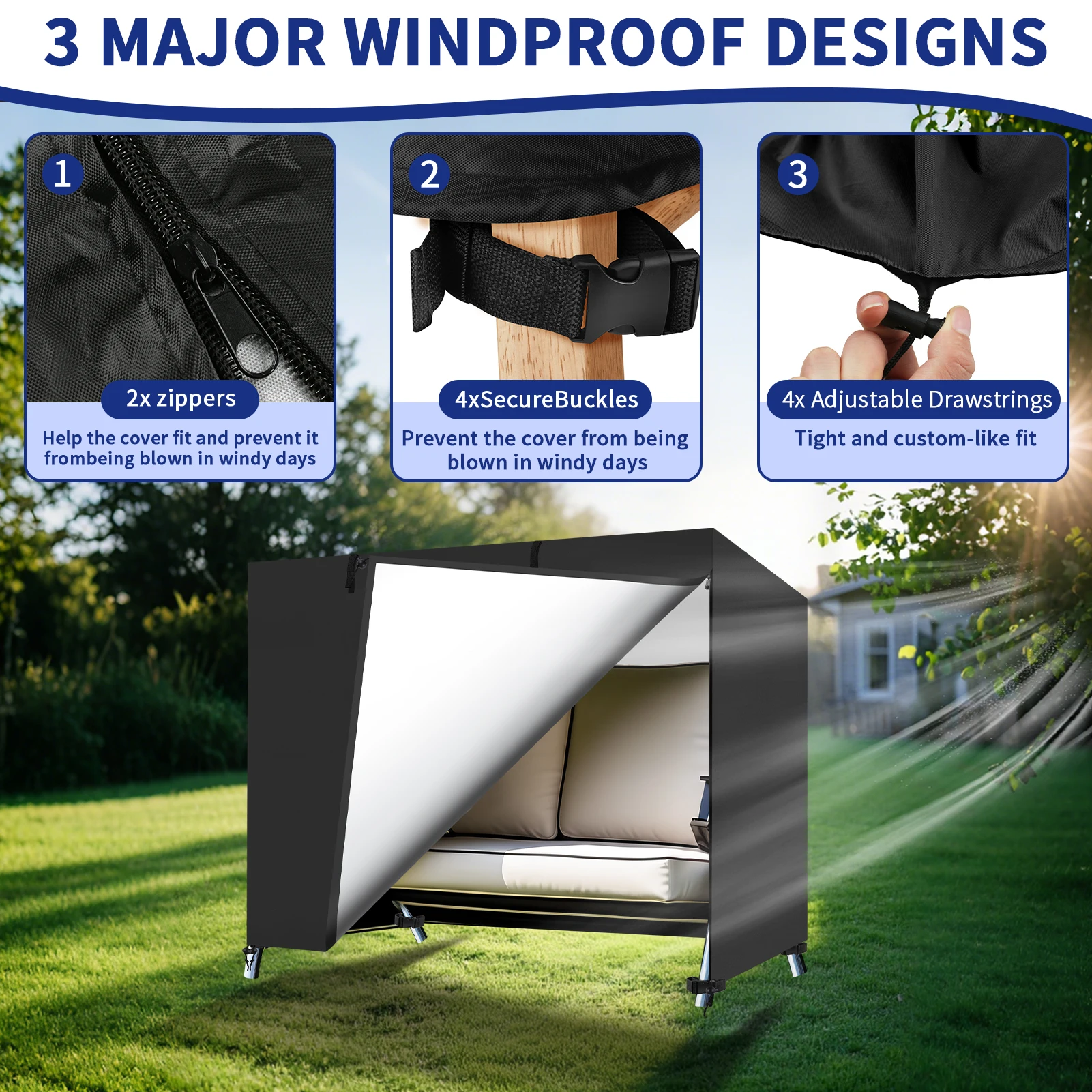 Garden Swing Cover 3-Seater Waterproof Hammock Cover w/ Zipper Anti-UV 210D Oxford Outdoor Swing Chair Patio Chair Covers