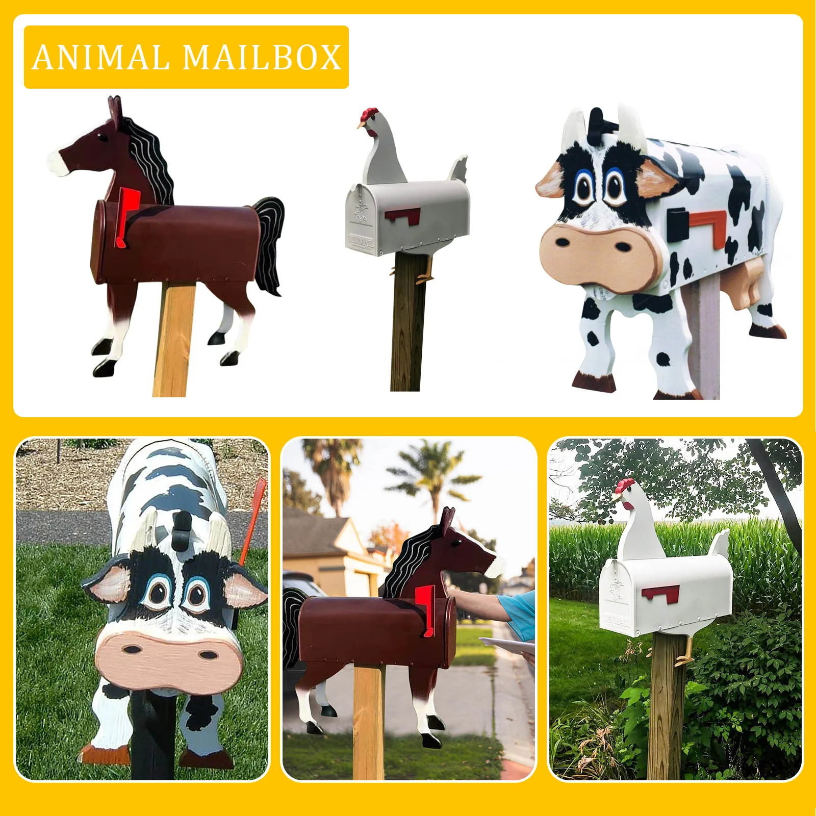 Unique Chicken Cow Horse Mailbox Metal Wall Mounted Outside Farm Weatherproof Decoration Garden Animal Post Mailboxes Craft