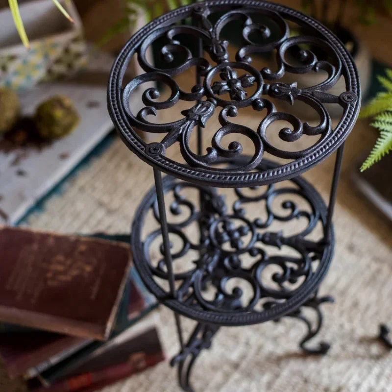 Outdoor Courtyard Plant Stand 2-Layers Cast Iron Flower Base Hollow Out Pattern, Plant Display, Garden Decoration, Storage Shelf