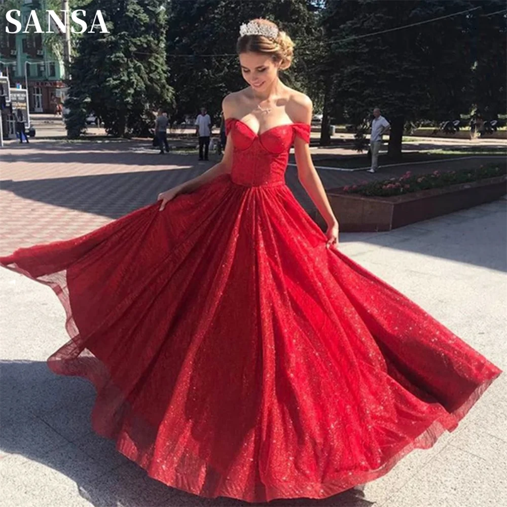 

Sansa Sweet Red Puffy فساتين السهرة Glaring Off Shoulder Shiny Vestidos De Noche Glitter A-line Floor Lenght Prom Dress