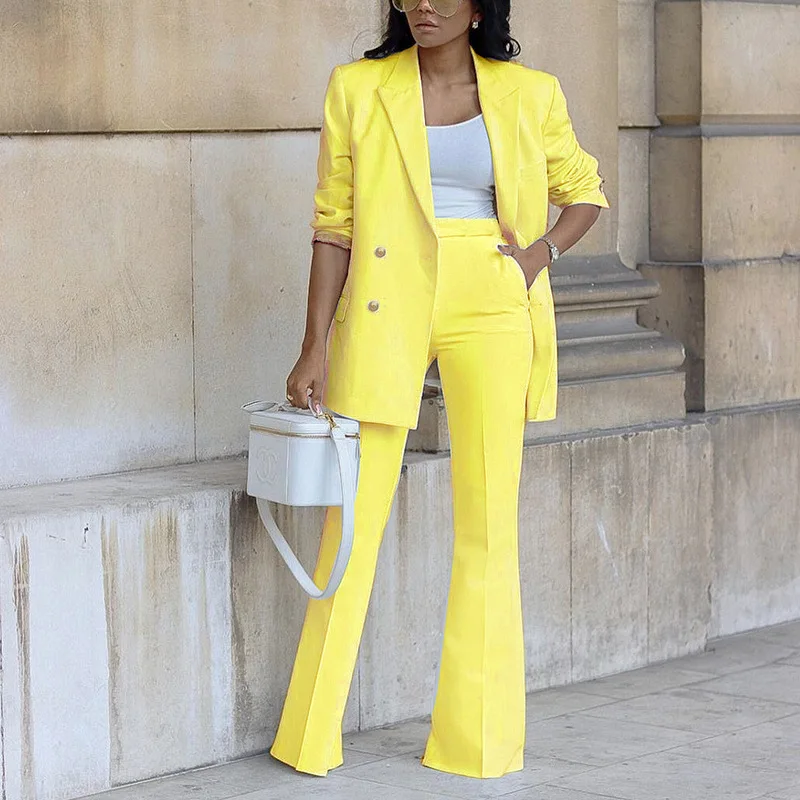 

Office Set Women Two Piece Suit Autumn Winter Straight Pants Pockets Double Breasted Korean Coat Loose Casual Solid Blazer Mujer