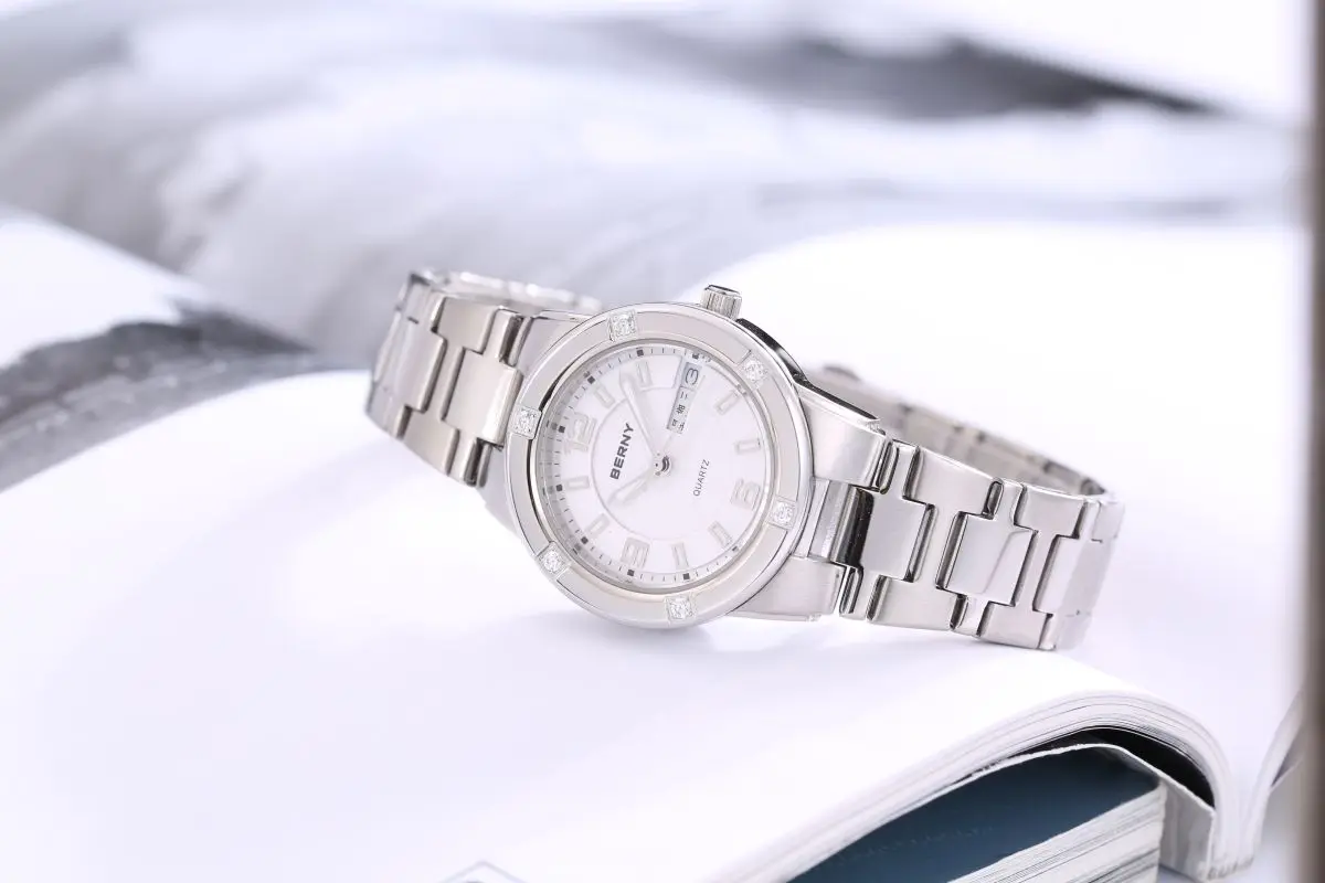 BERNY Damenuhren, leuchtendes Datum, Woche, Kalender, Edelstahl, Quarz, Damen-Armbanduhr, wasserdicht, lässige Damenuhr – Detail 13
