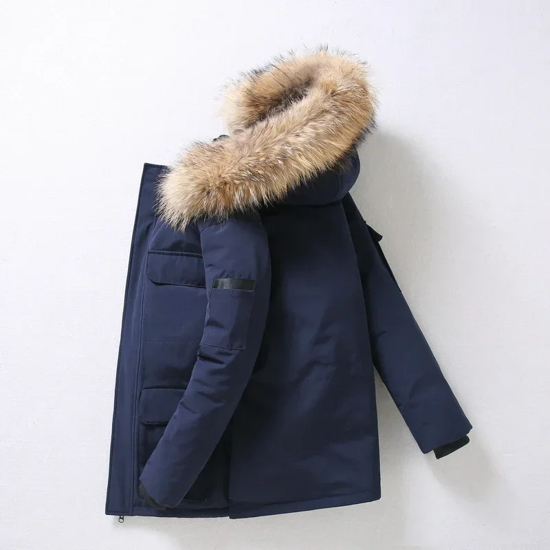 Mens Winter Down Jacket Fashion Disassembled Big Fur Collar Hooded White Duck Down Coat Women Ski Multi-Pocket Lightweight Parka