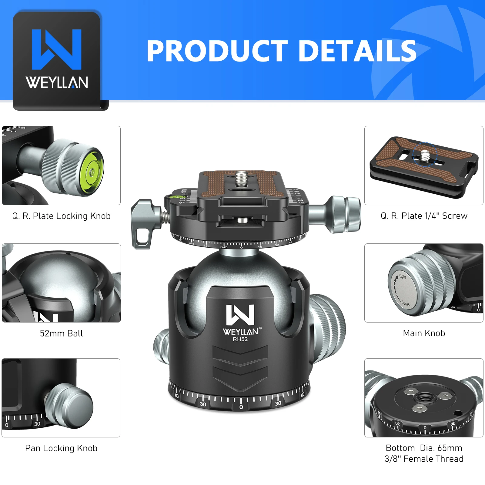 카메라 용 로우 프로파일 삼각대 헤드, 범용 파노라마 볼 헤드, CNC 메탈, 52mm 볼 헤드 마운트, 추가 퀵 릴리스 플레이트 포함