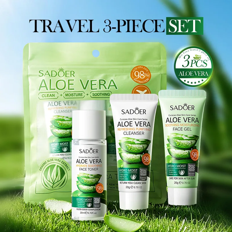 3pcs SADOER Aloe Vera Skin Care Sets Face Wash Facial Cleanser Aloe Gel Toner Face Cream Moisturizing Anti-aging Skin Care Kit