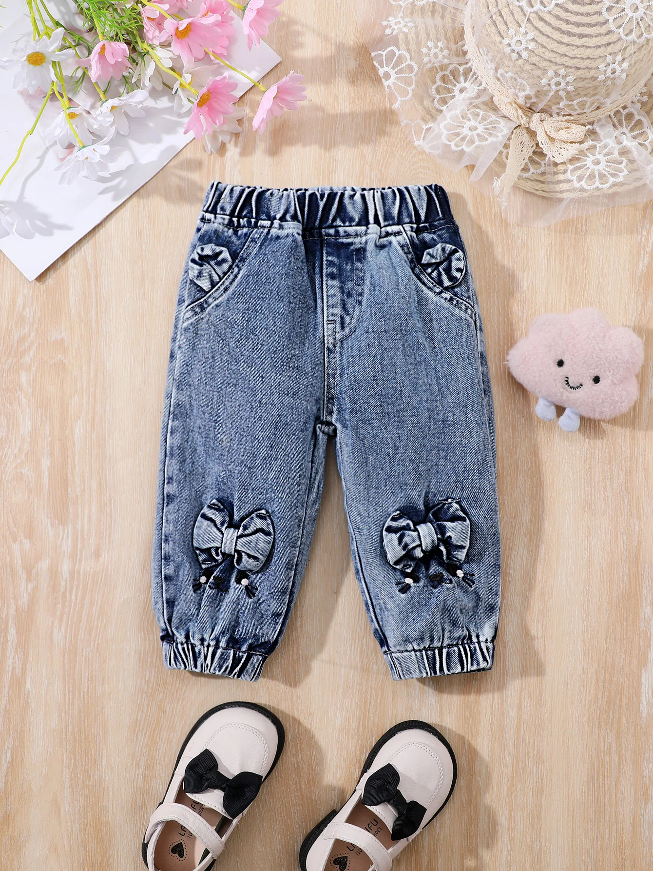Girls jeans baby children four seasos fake pocket embroidered cat bow foot edgeekastuc dark blue kids denim jeans