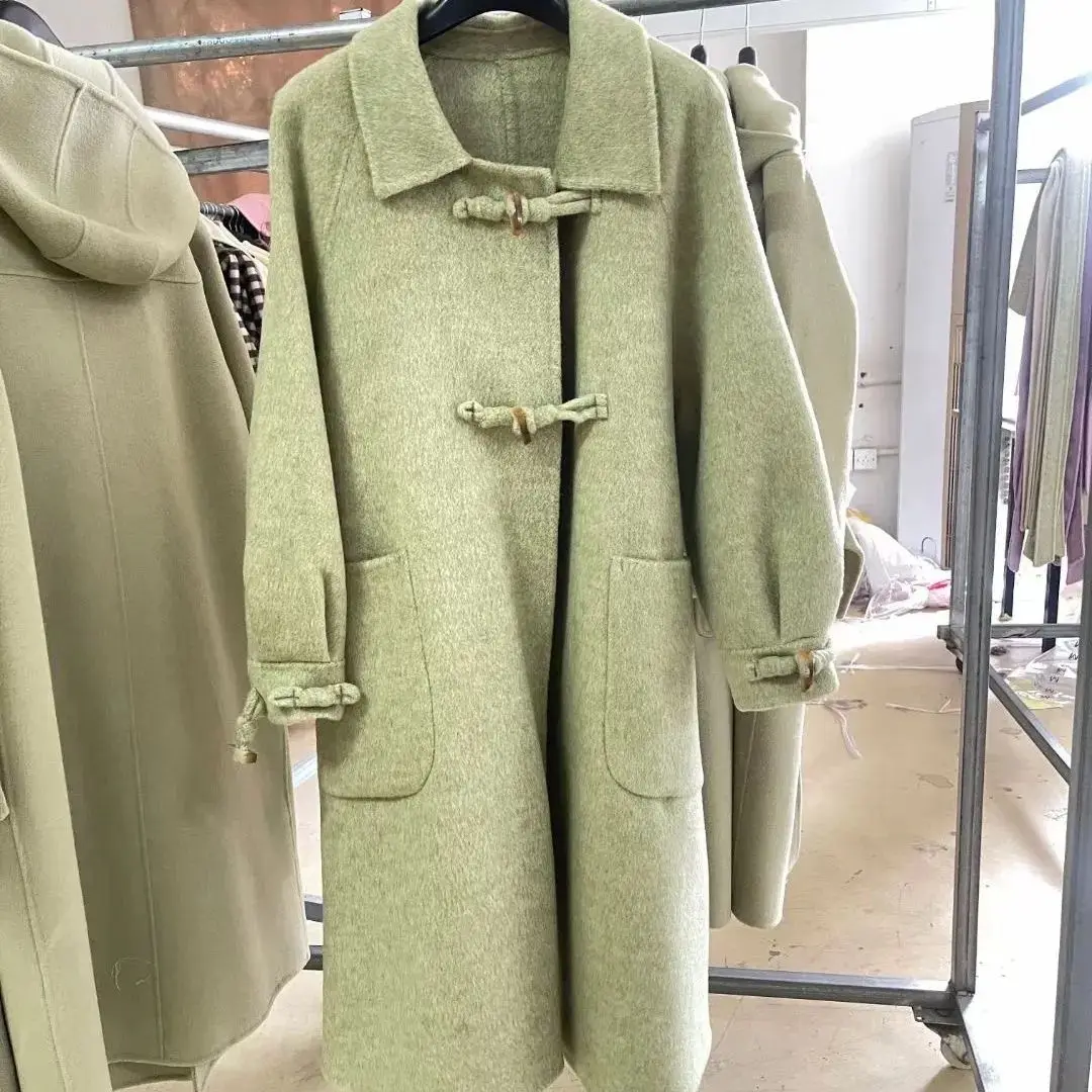 Women's Thick Double-Sided Cashmere Coat with Horn Button, Loose Long Outwear, Female Temperature Woolen Coat, Autumn, Winter