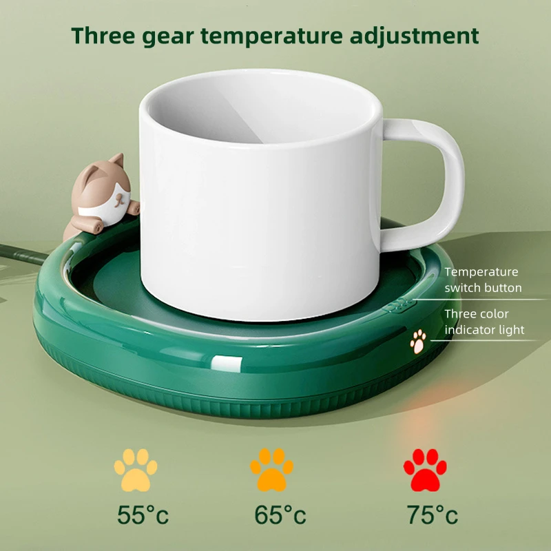 Lovely Kitty Coffee Mug Warmer Electric Cup Heater Coaster Mat for Home 3 Temperature Settings PTC Heating Milk Tea Warming Pad
