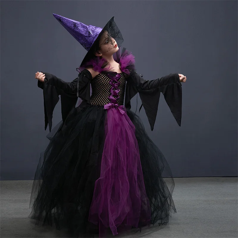 

Magic Wand Devil Demon Dark Angel Cosplay Costume Fancy Gown Tutu Dress Halloween Costume Kids Girls Witch Dress with Headdress