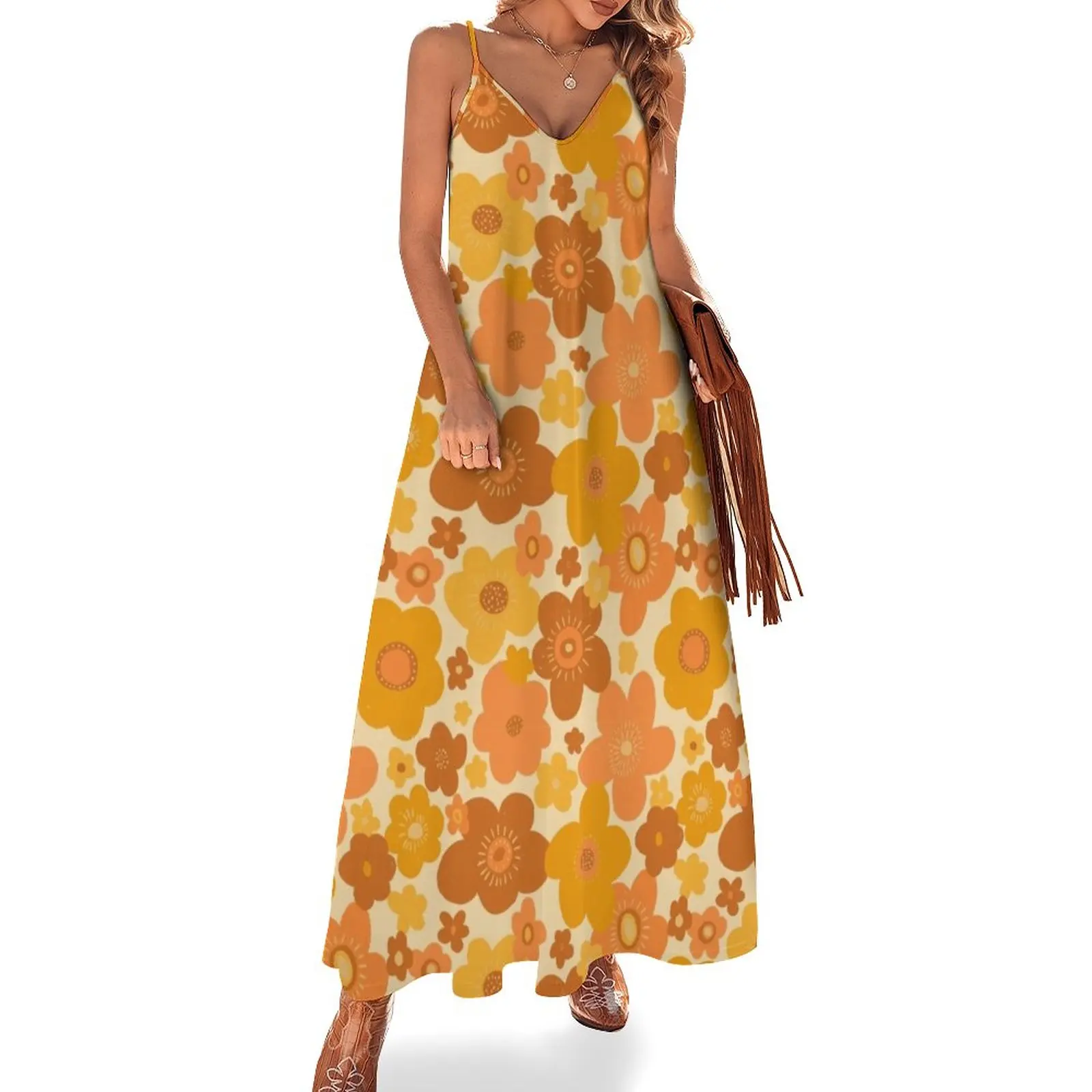 

New Groovy 70s Retro Vintage Floral Pattern Sleeveless Dress elegant dress evening dress woman
