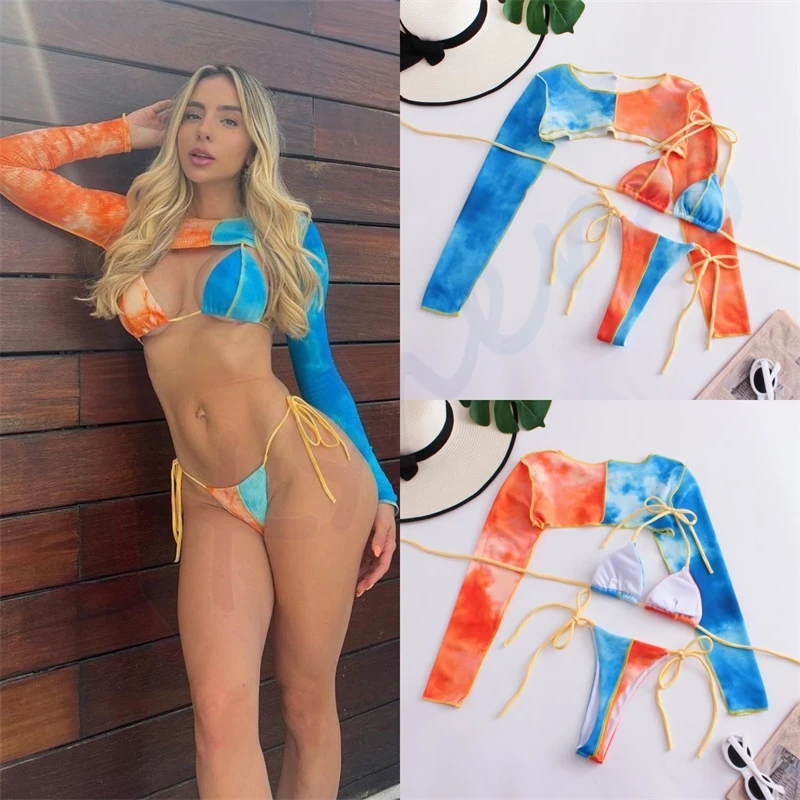 

Новинка, сексуальный купальник-бикини с градиентным принтом, комплект из трех предметов, накидка с длинным рукавом, стринги, пуш-ап, женский купальник из двух предметов