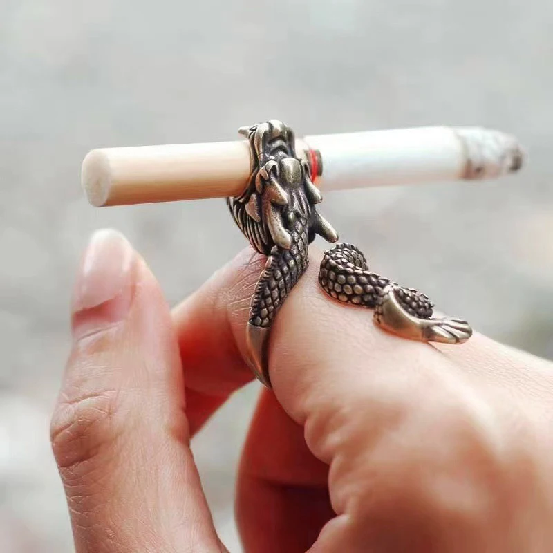Vintage Personality Gold-Plated Cigarette Holder Ring of Cigarette Holder Bracket Chinese Dragon Rings for Men Party Jewelry 1