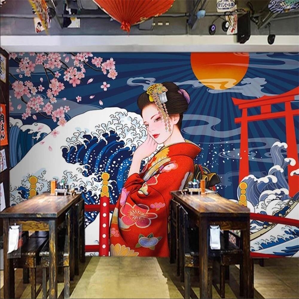 Custom Geisha Wallpaper Mural Japonês para Senhoras Imagem das Senhoras Taberna Script Pintura Ukiyo Adesivos de Parede