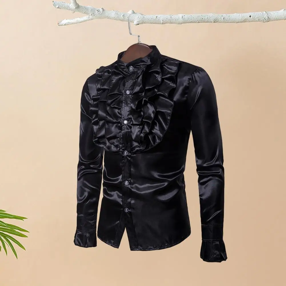

Soft Cozy Men Top Vintage Men's Formal Shirt with Ruffle Stand Collar Button Closure Long Sleeves Stage Performance Costume Men