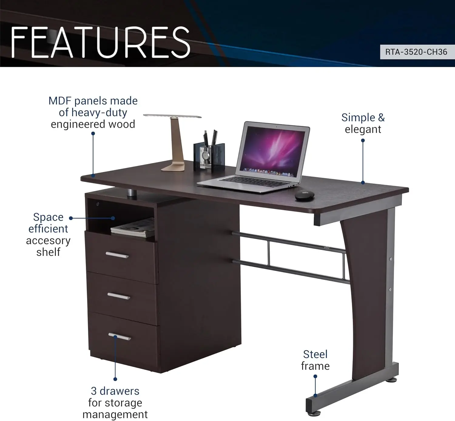 48" Computer Desk with Drawers, Home Office Desk with Storage, Heavy Duty and Water Resistant Study Table, Chocolate Brown