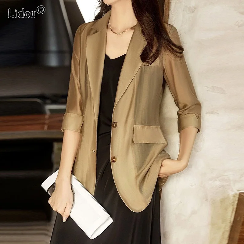 Thin Spring Summer Long Blazer Solid Temperament Formal Cardigan Button Pockets Simplicity Premium Women's Clothing 2022 Elegant