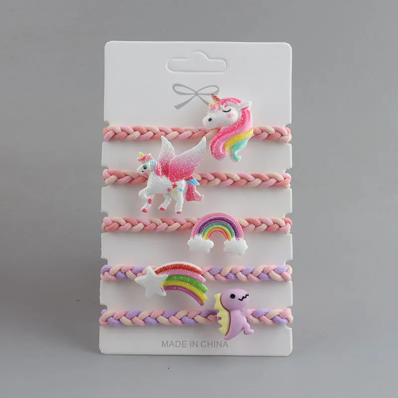 【 5 PCS/Card 】Unicorn Rainbow Hair Loop Headband Set Cartoon Hair Accessories Children's Rubber Band Headband Bracelet Dual Use