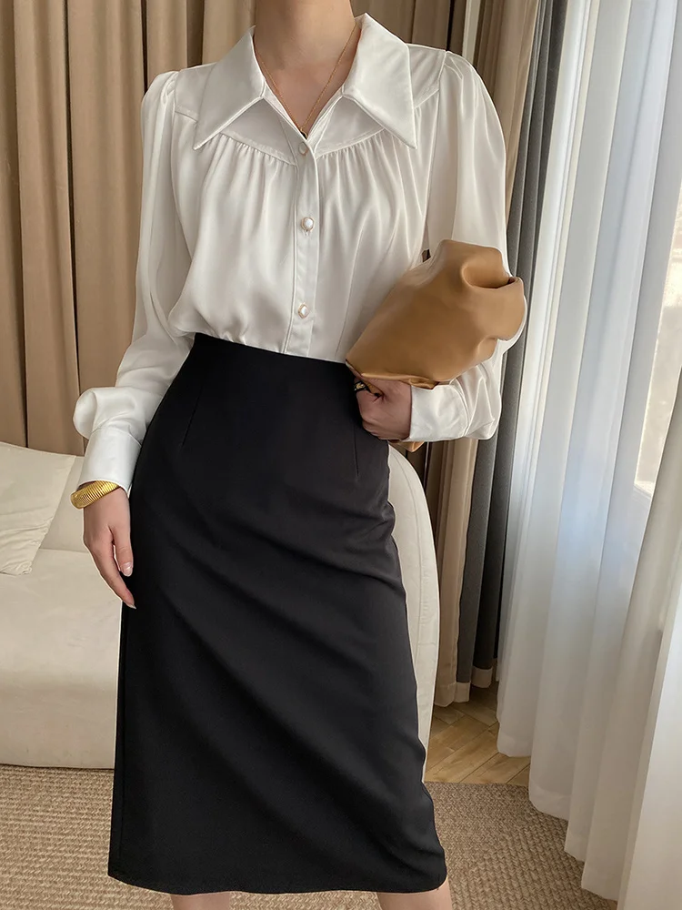 

Women White Pleated Elegant Big Size Blouse New Lapel Long Sleeve Loose Fit Shirt Fashion Tide Spring Summer 2023 H344
