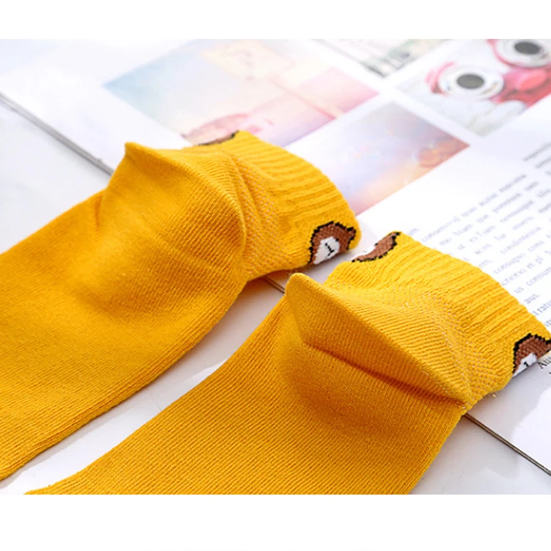 5 Pairs Solid Color Children's Cotton Socks Summer Mesh Five Toed Sock Cute Embroidered Little Bear Socks for 3-7-10Y Boys Girls