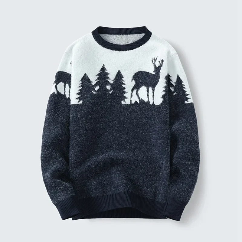 Autumn and Winter Fawn Pattern Casual Sweater Men's Long Sleeve Round Neck Knitted Pullover