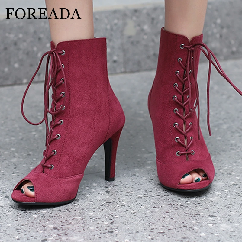 

FOREADA Women High Heels Sandals Peep Toe Stilettos Lace-up Sexy Comfort Jazz Dance Boots Ladies Fashion Shoes Summer Apricot 46