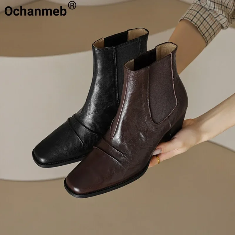 

Ochanmeb Women Sheep Leather Boots Brand Brown Block Heels Pleated Chelsea Boots Woman Square Toe Shoes Autumn Winter Vintage 40