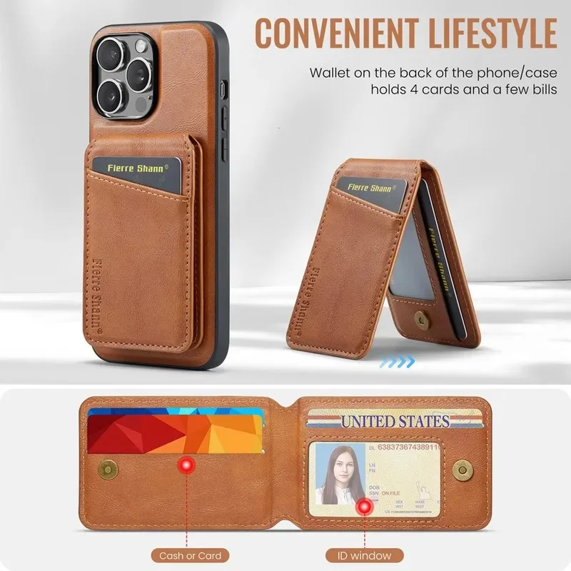 Magnetic Detachable Leather Wallet Phone Stand with Wireless Charging Compatibility