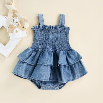 0-18M Newborn Infant Baby Girl Romper Dress Summer Sleeveless Suspender Pleated Ruffle Hem Bottom Snap Button Cute Bodysuits 1