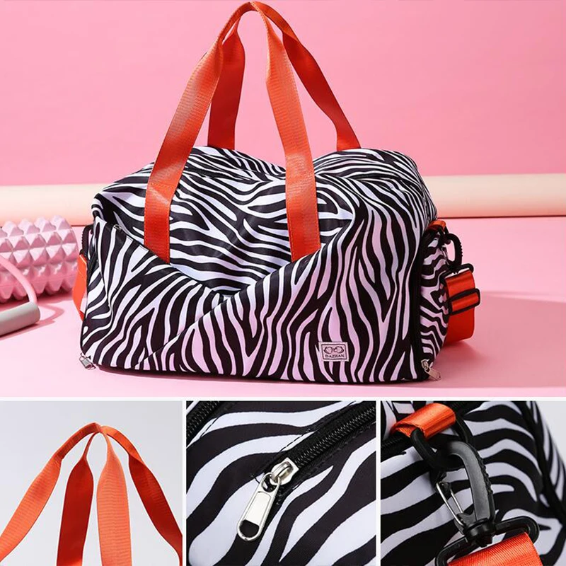 Zebra-Stripe Travel Bag Folding Sports Short Travel Luggage Duffle Shoulder Bags Women Large Capacity Yoga Gym Bag
