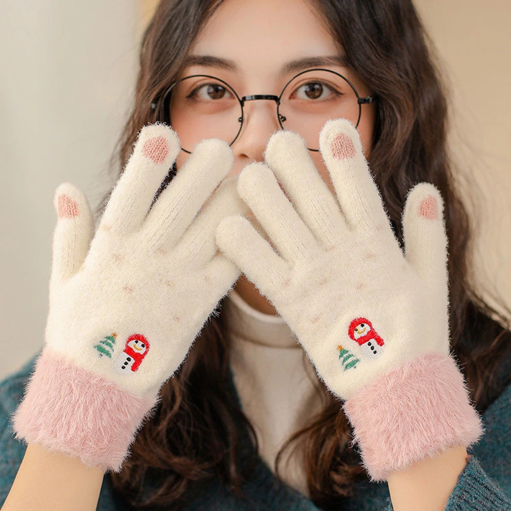 

Winter Warm Christmas Gloves Women Furry Woollen Full Fingers Glove Portable Touch Screen Cycing Snowman Mittens Girls Gifts